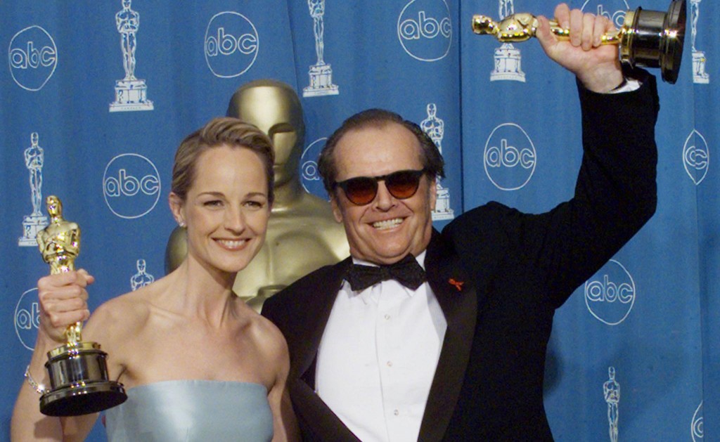 Best Actress Winner Helen Hunt and Best Actor Winner Jack Nicholson, (both for "As Good As It Gets"), pose with their Oscars 23 March 1999 at the 70th Annual Academy Awards at the Shrine Auditorium in Los Angeles. (HECTOR MATA/AFP/Getty Images)