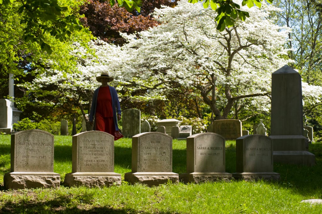 Headstones and visitor at Mount Auburn Cemetery (Lou Jones/Getty Images)