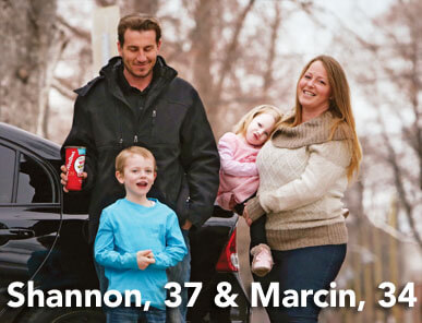 Marcin Duran and his wife Shannon Jarrett with their children Maximus, 6, and Charlotte, 2, with Marcin's Honda Civic outside their Hamilton home on February 19, 2016.
