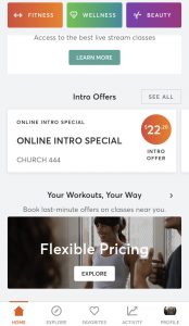 The "flexible pricing" screen on the MindBody app.