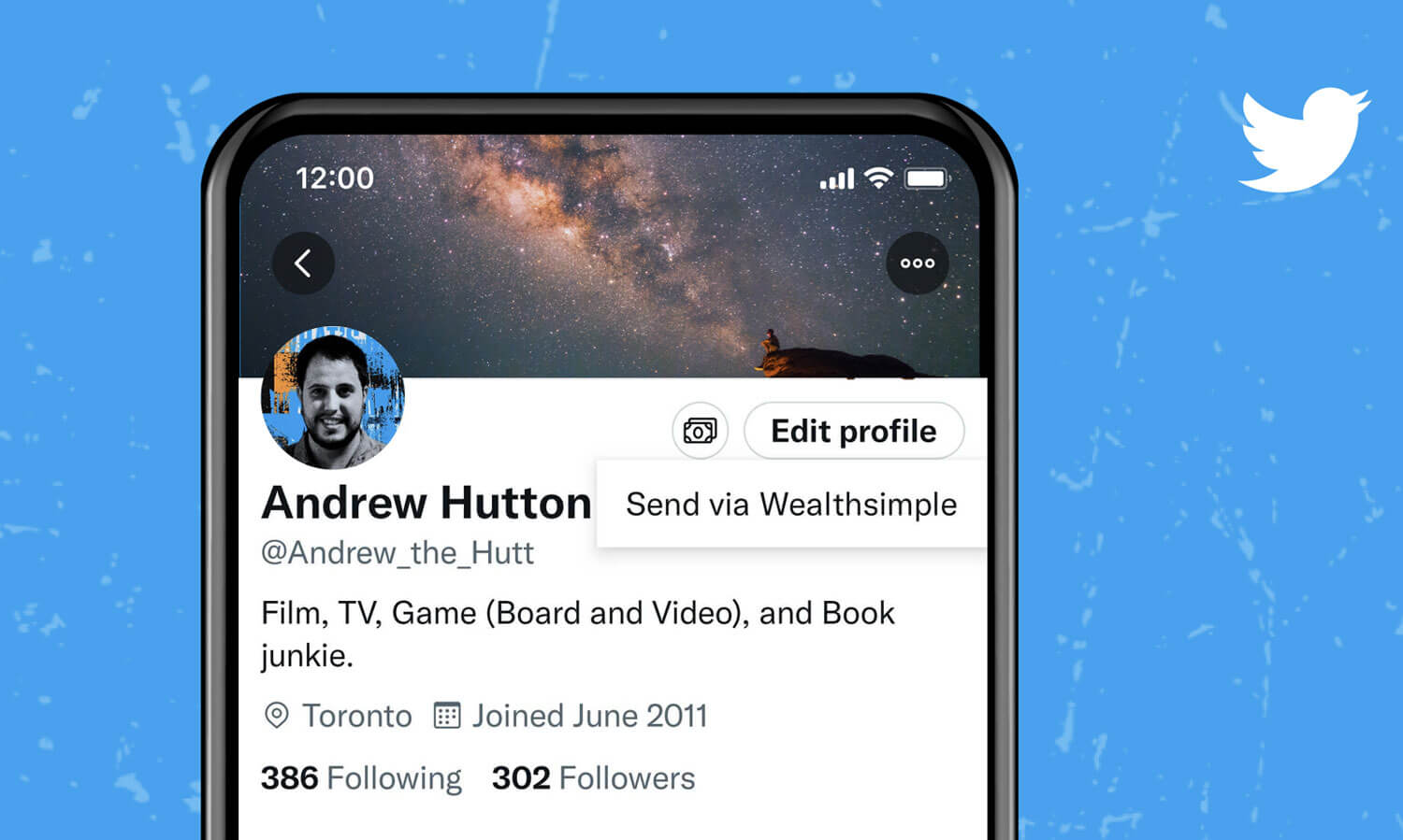 By tapping the top right corner of a Twitter profile page, you can tip an account using a Wealthsimple cash account.