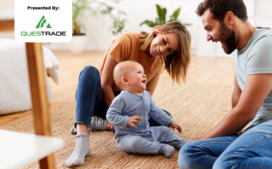 A young family playing with their toddler on the floor. A Questrade logo is sits overtop of the image.