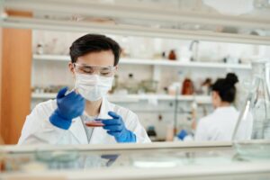 Lab workers wearing face masks