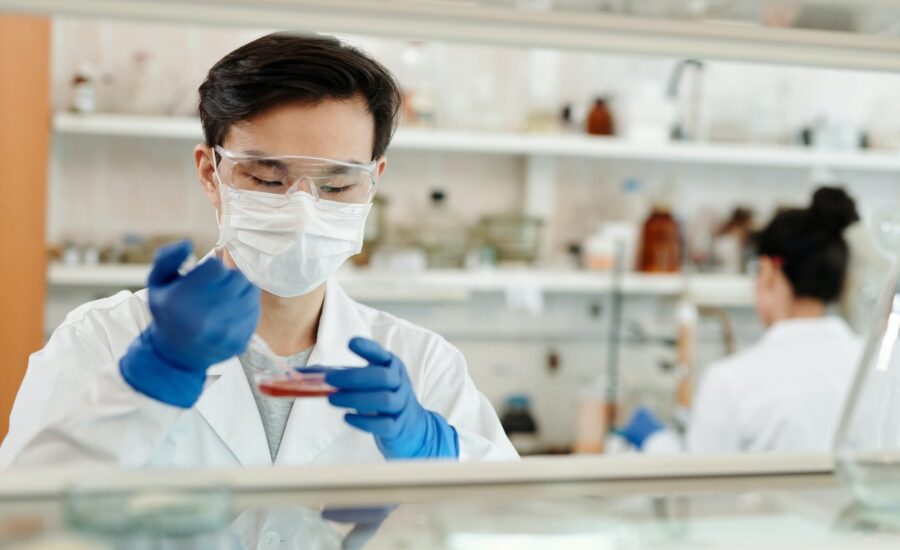 Lab workers wearing face masks