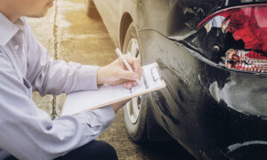 An adjustor knelt and taking notes based on the damage of the rear lights of a car.