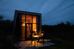 tiny house exterior at sunset