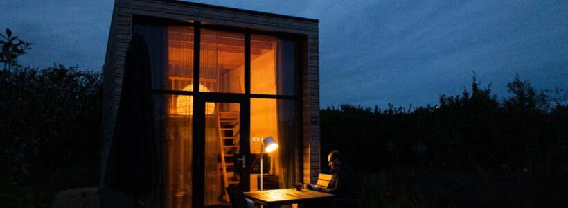 tiny house exterior at sunset