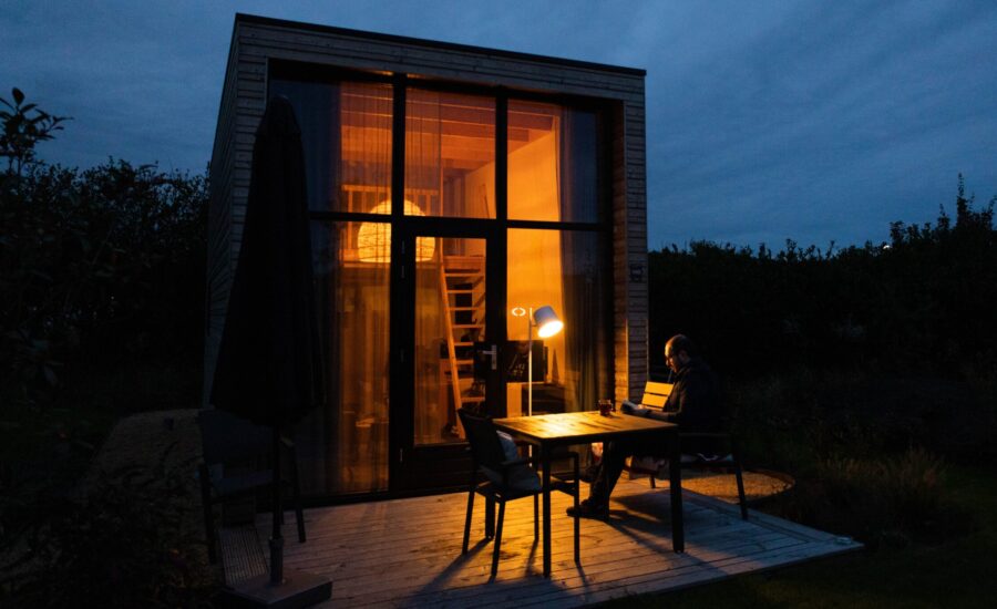 tiny house exterior at sunset