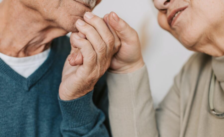 retired couple looking lovingly at each other