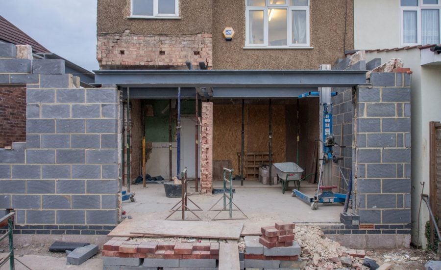 A home being rebuilt after substantial structural damage.