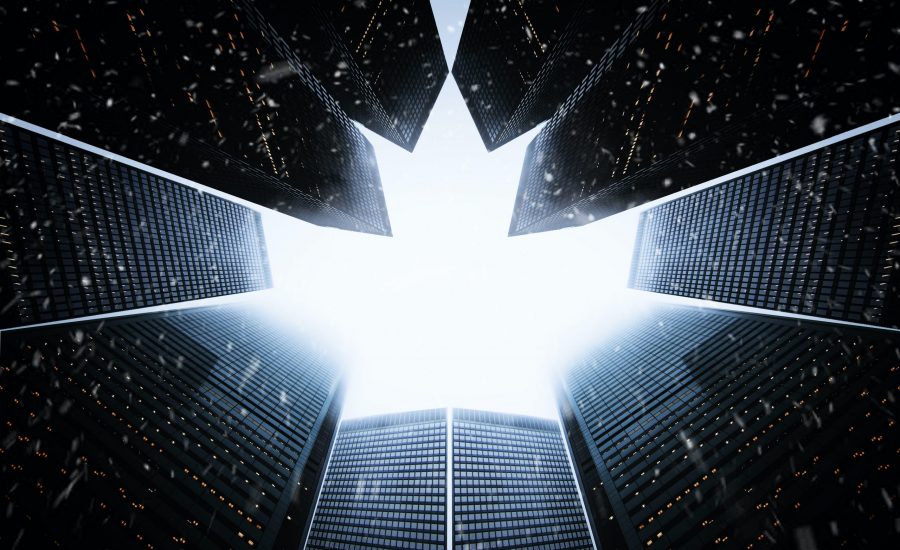 tops of skyscrapers in a maple leaf formation