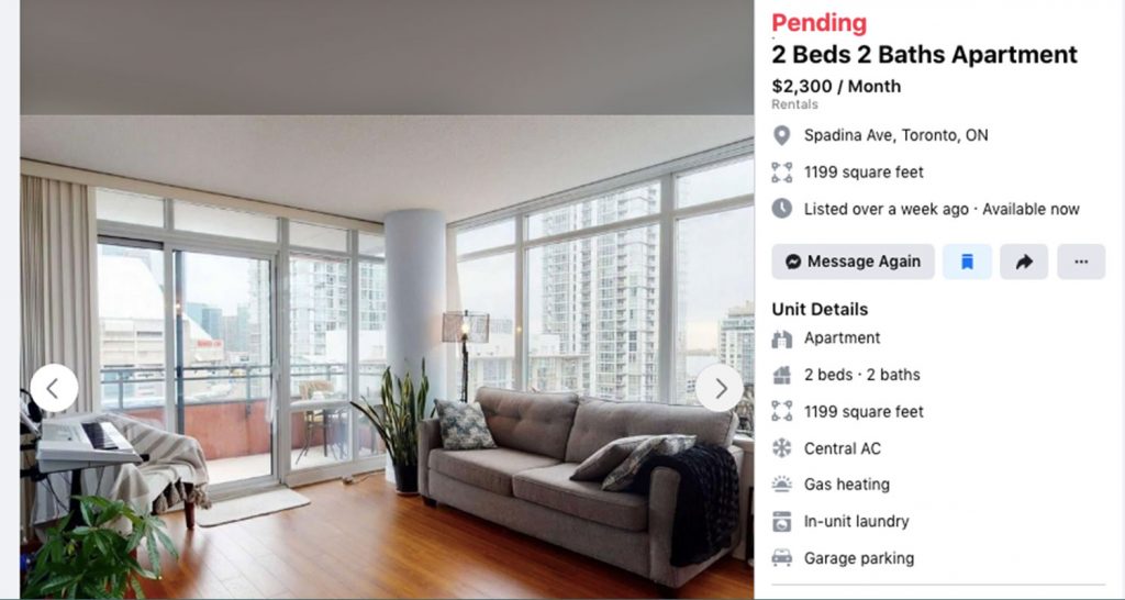 Website listing for a two-bedroom on Spadina for $2,300