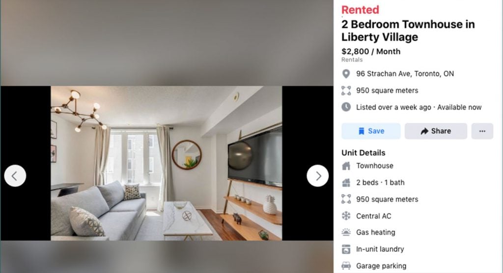 A website listing for a two-bedroom townhouse in Liberty Village for $2,800