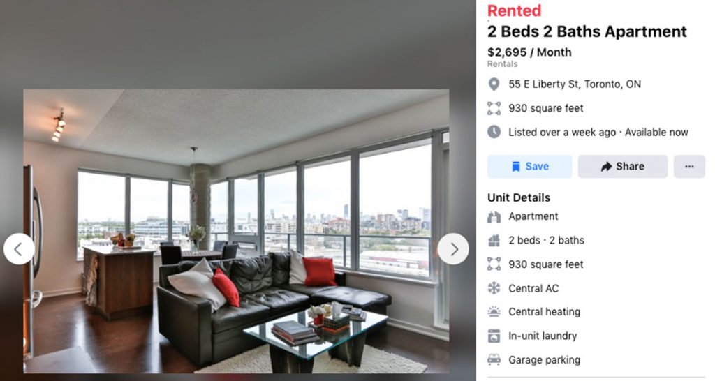 Website listing for a two-bed, two bath for $2,695 a month