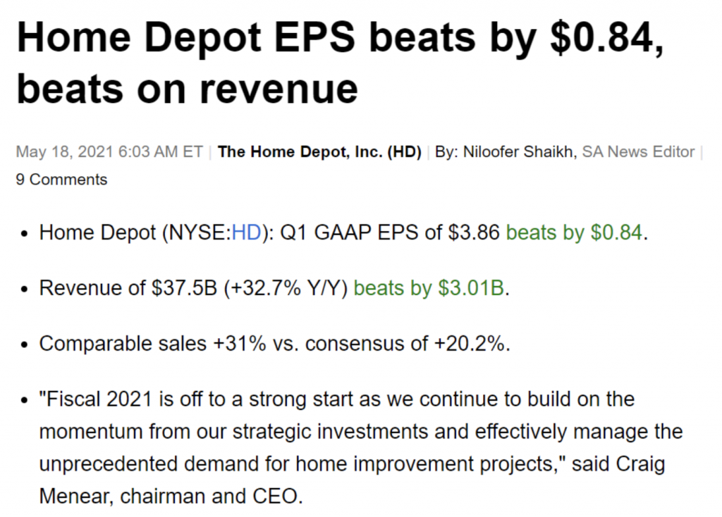 headlines detailing Home Depot earnings per share