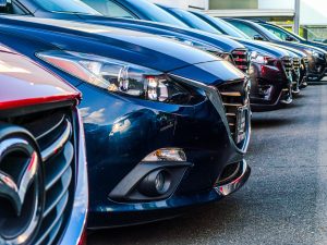 cars lined up on a sales lot