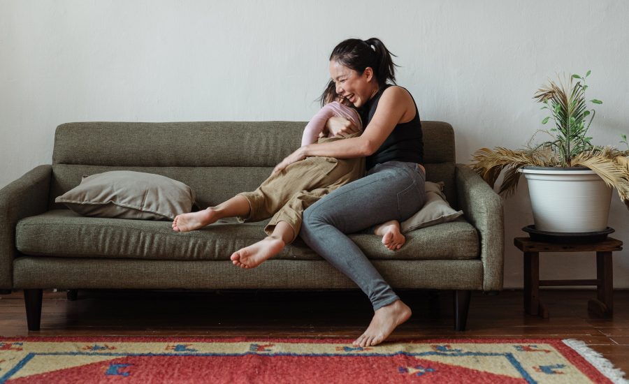 young family on couch