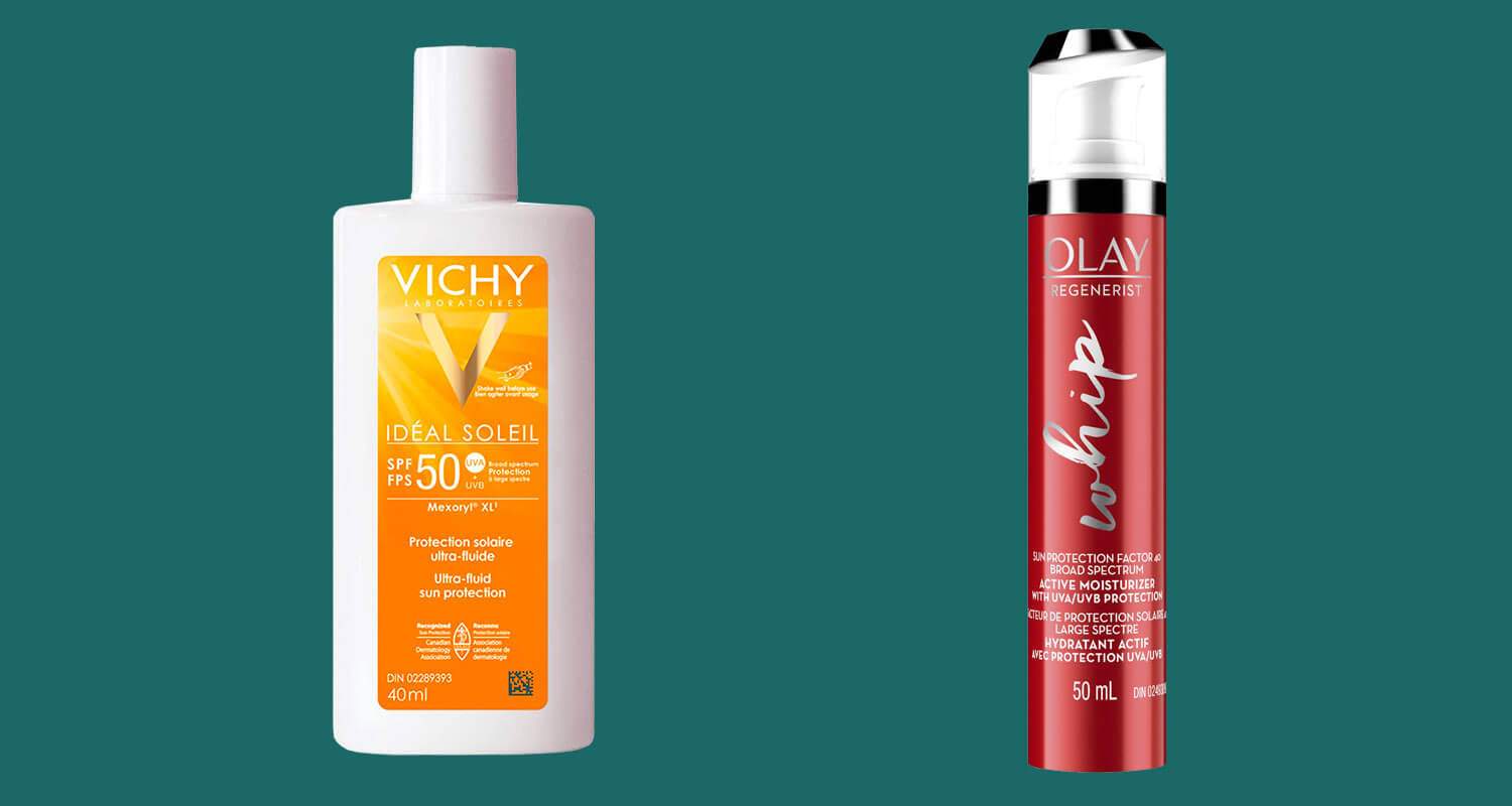 A bottle of Vichy sunscreen, and a pump of Olay face moisturizer with SPF