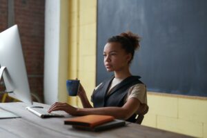 woman sitting at desk