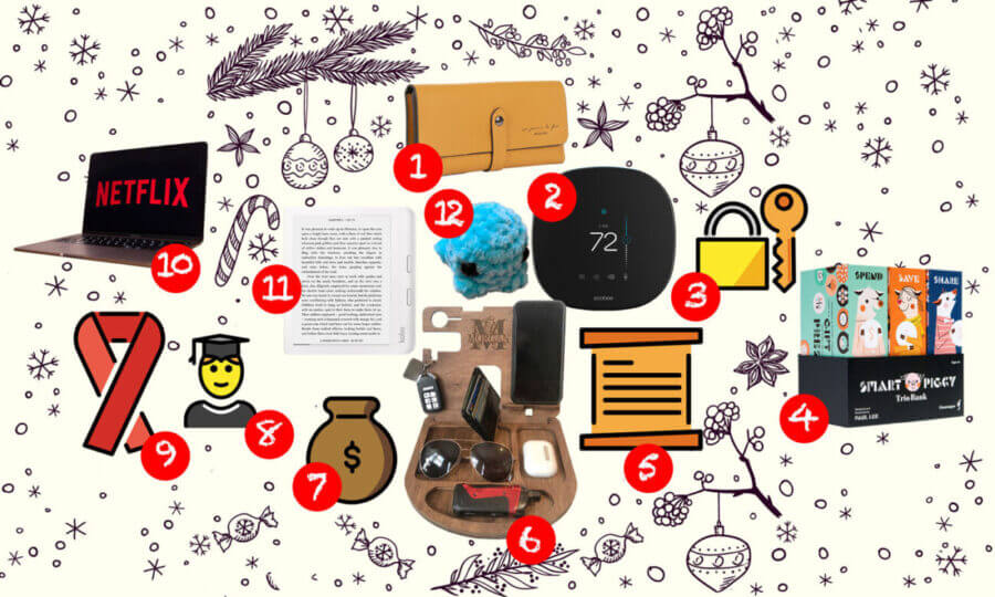12 gift guide items with a background of winter illustrations such as snow and ornaments