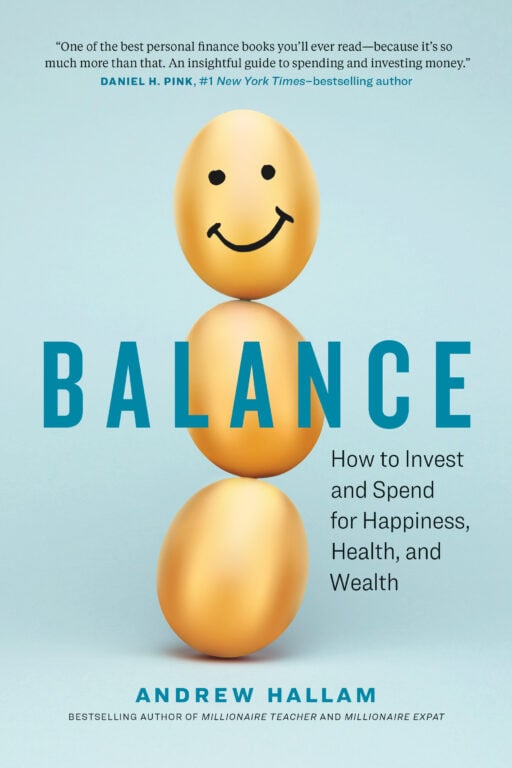 Cover of Andrew Hallam's book Balance, with three stacked golden eggs.