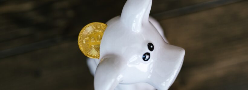 A gold coin with a bitcoin logo sticks out of a piggy bank.