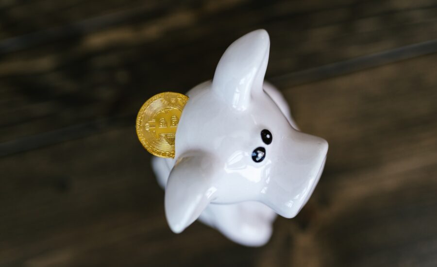 A gold coin with a bitcoin logo sticks out of a piggy bank.