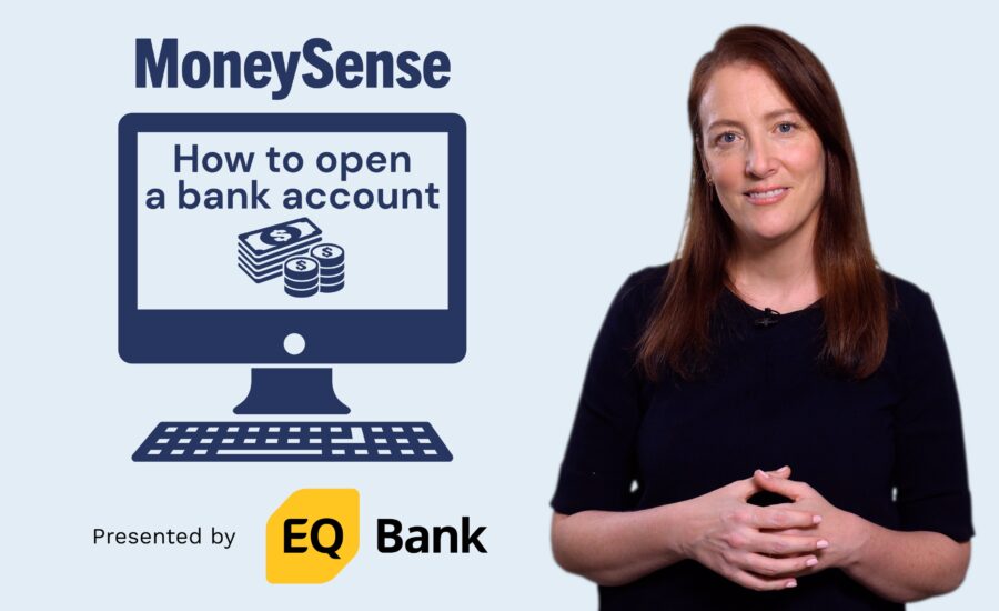 This is a title card for the video that reads: How to open an online bank account