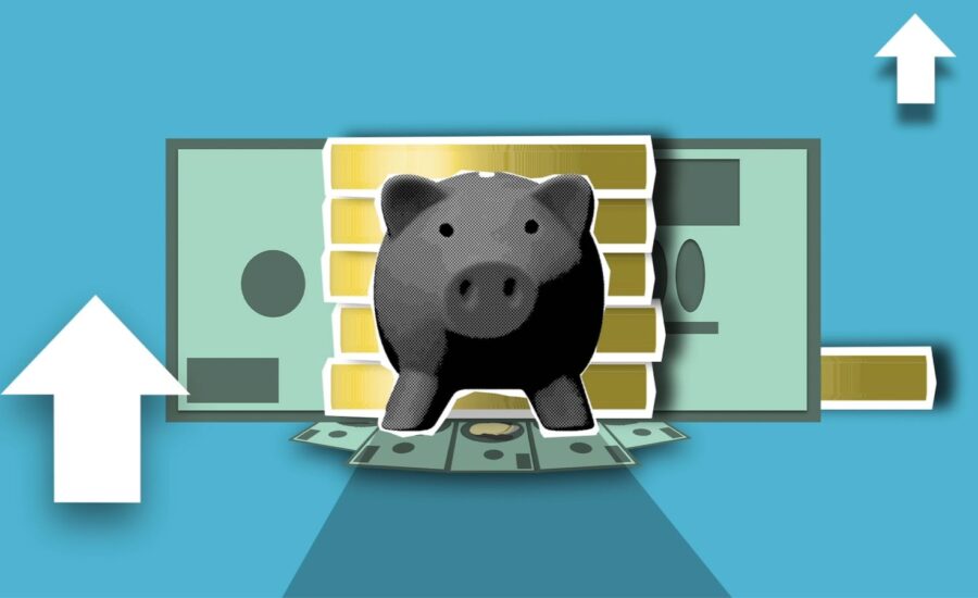 A photo of a piggbank is seen with arrows pointing up