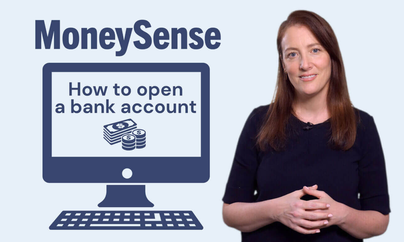 This is a title card for the video that reads: How to open an online bank account