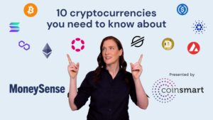 A woman stands under 10 cryptocurrency logos