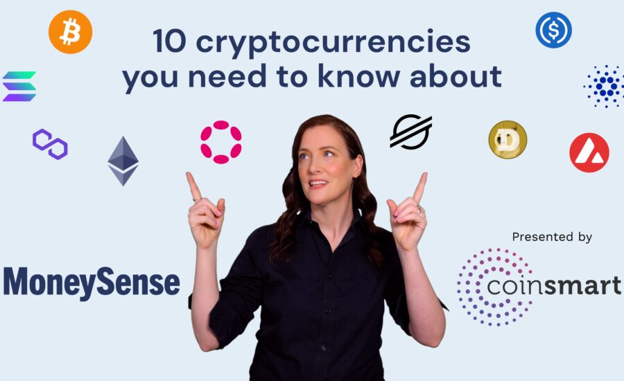 A woman stands under 10 cryptocurrency logos
