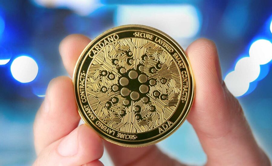 A hand holds up a gold coin with the Cardano logo