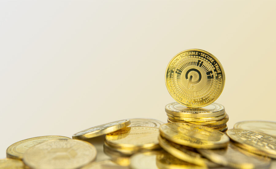 A pile of gold coins with the Polkadot logo