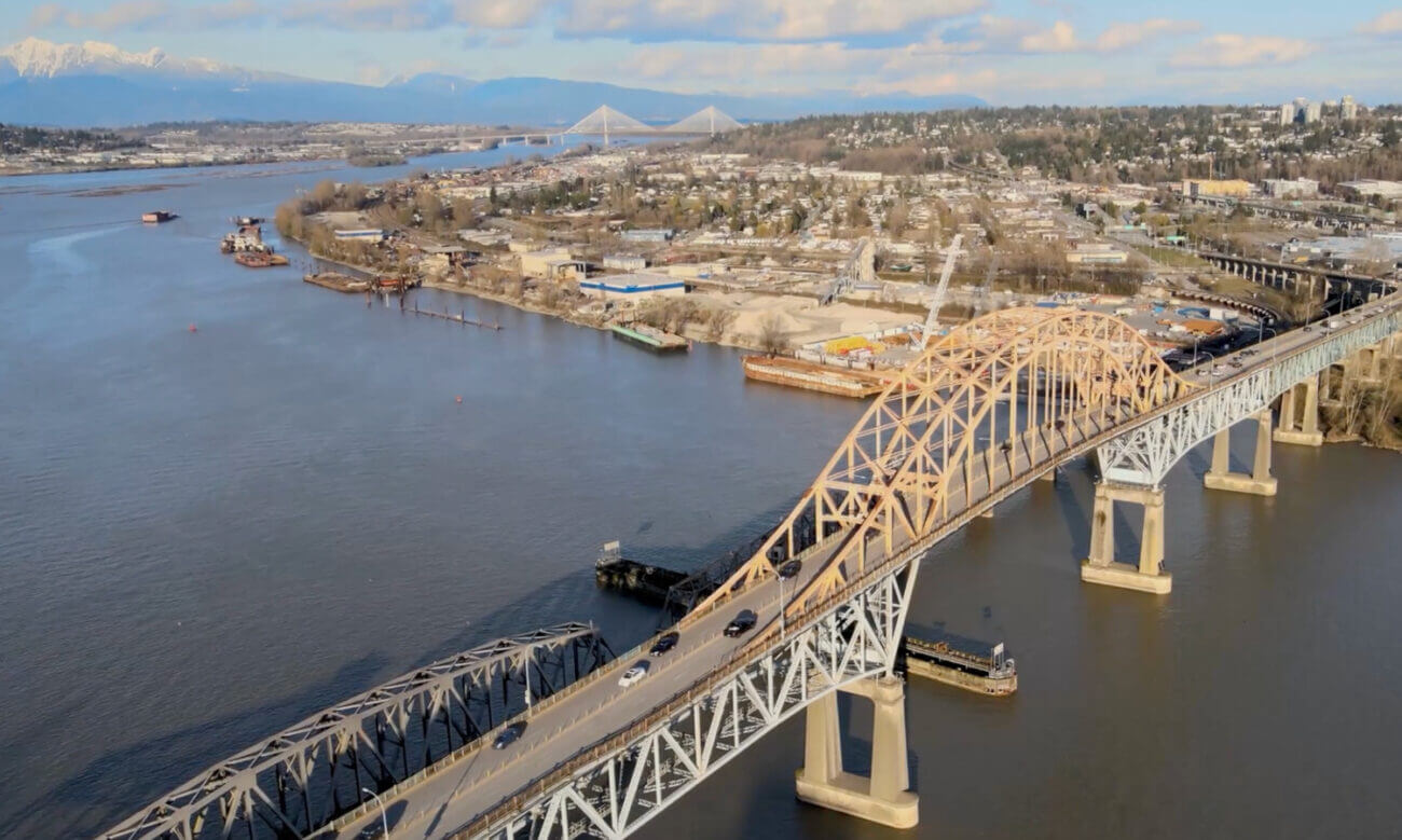 Aerial view of a bridge in New Westminster