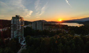 Aerial view of a bay in Port Moody, B.C., at sunset