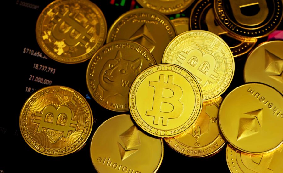 A pile of gold coins with different cryptocurrency logos