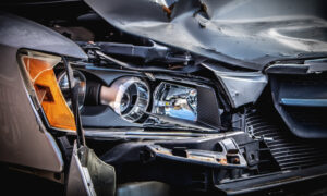 The front-end of a damaged vehicle
