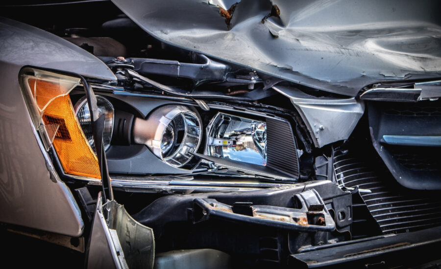 The front-end of a damaged vehicle