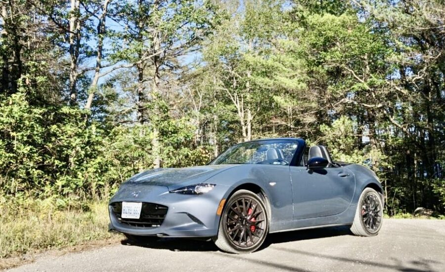 A grey Mazda MX-5 drives on a forest road