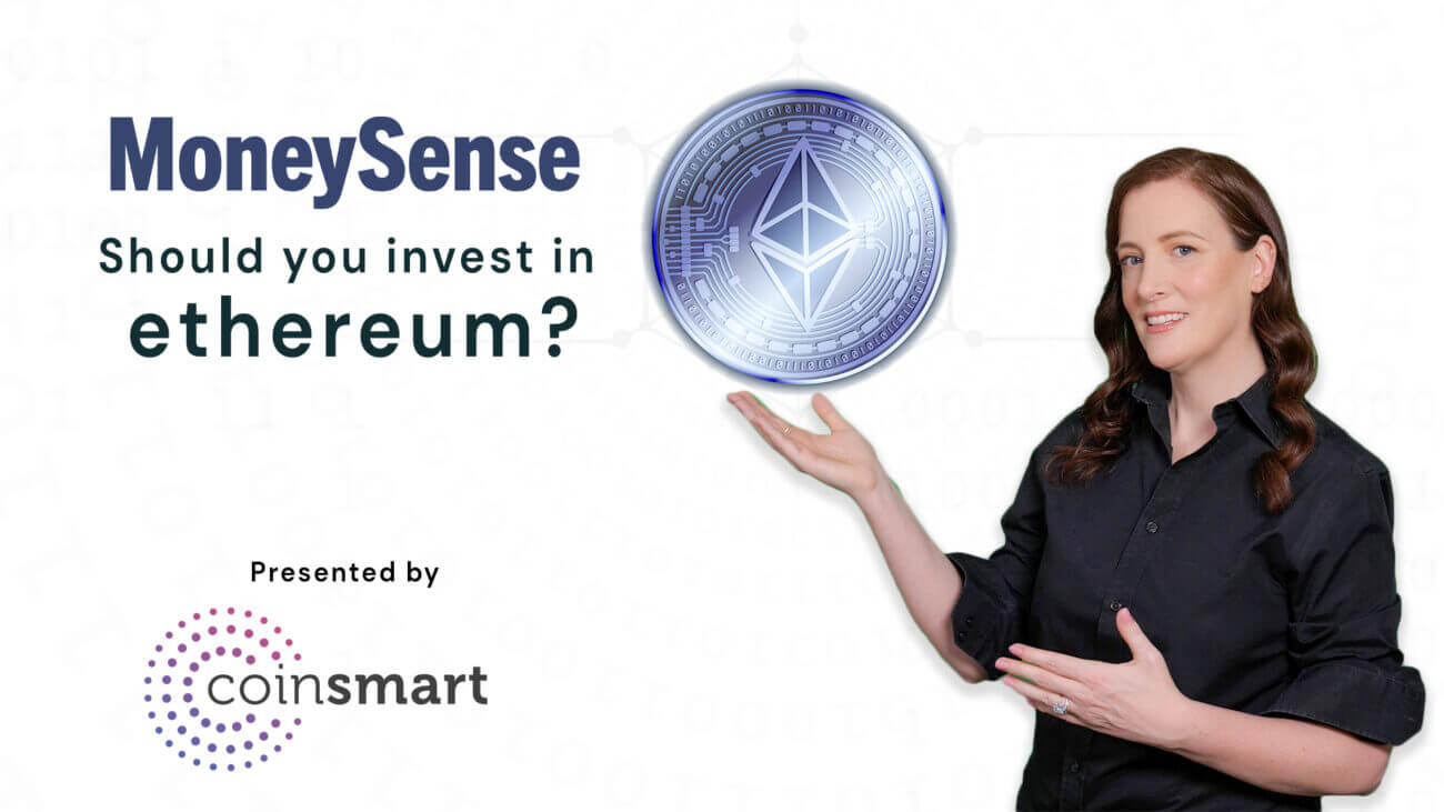 A woman holds out her hand below a silver coin with the Ethereum logo