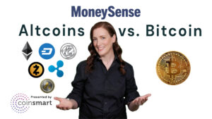 A woman stands beside logos of different crypto coins, with the title "Altcoins versus bitcoin"