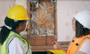 Two electricians are looking at wiring inside an exposed wall, discussing if the renovation and upgrades are tax deductible