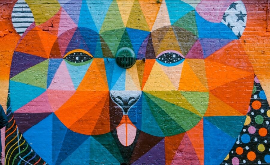 A colourful mural of a bear's face on a brick wall