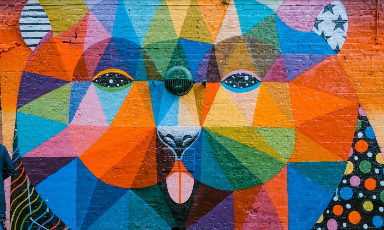 A colourful mural of a bear's face on a brick wall