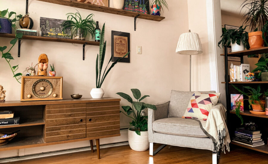 An interior view of an apartment, nicely decorated with plants, a throw pillow and other decor