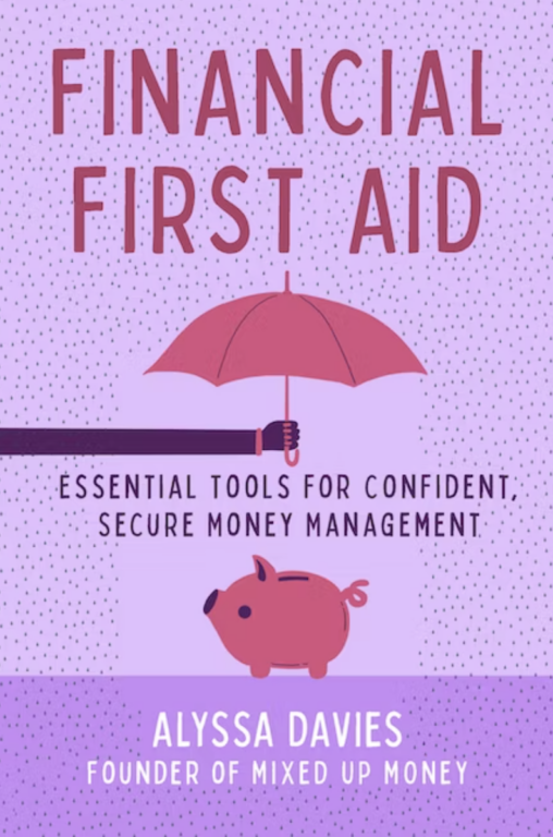 Book cover with a hand holding an umbrella over a piggy bank
