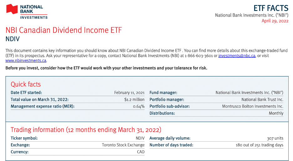 A "quick facts" section from an ETF Facts document from National Bank Investments