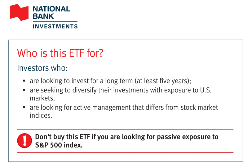 Excerpt from a National Bank Investments ETF Facts document