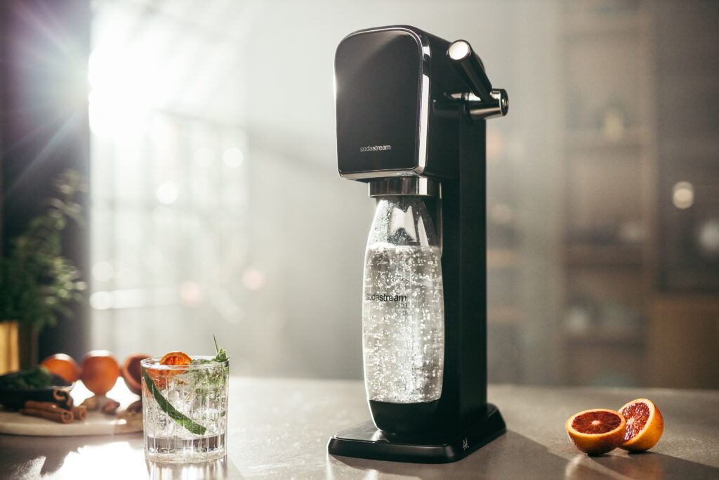 Sparkling water maker on a kitchen counter